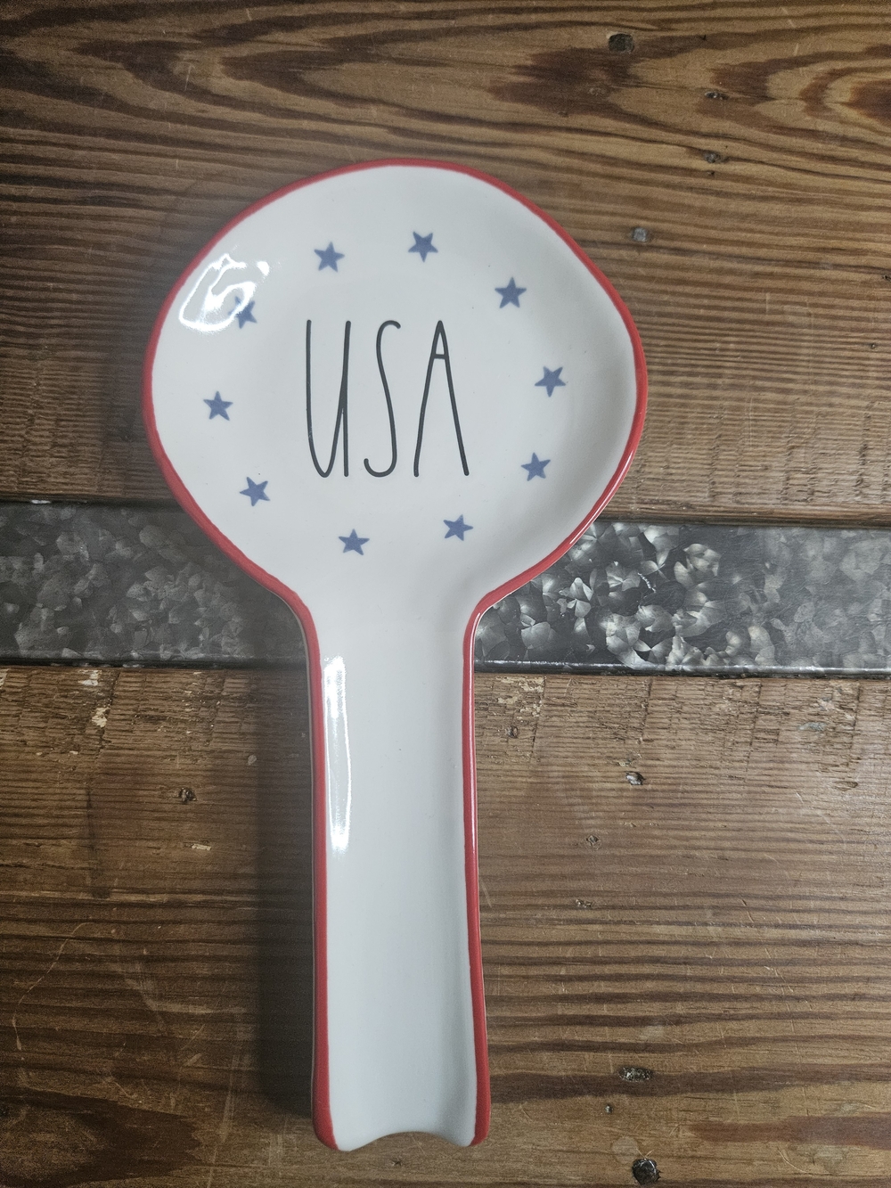 Rae Dunn Patriotic USA Spoon Rest - White with Red Trim and Blue Stars